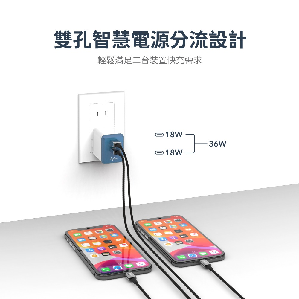 Avier PD3.0 雙孔電源供應器 充電頭 豆腐頭 充電器 雙Type-C 單孔最高30W COLOR MIX-細節圖3