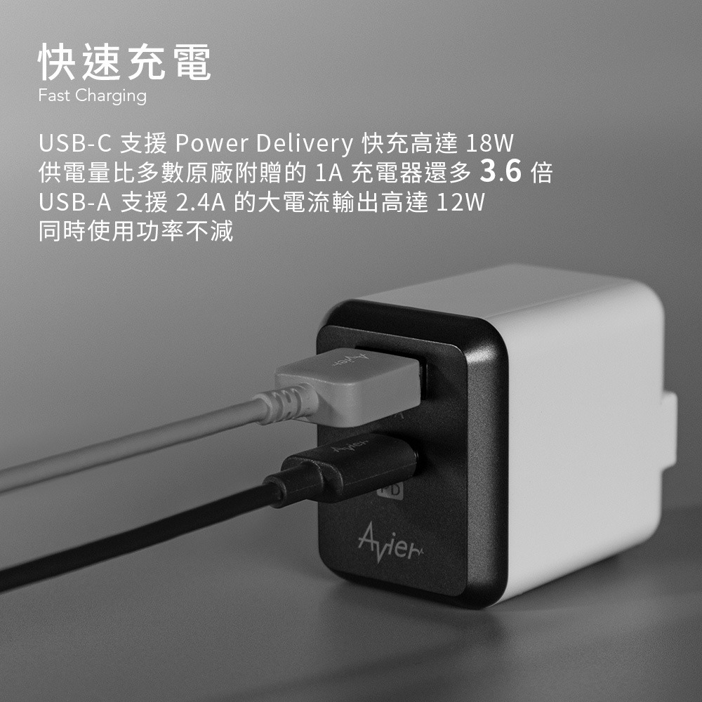 Avier 雙孔電源供應器 充電頭 豆腐頭 充電器 Type-C PD3.0+2.4A PD快充最高18W BSMI-細節圖3