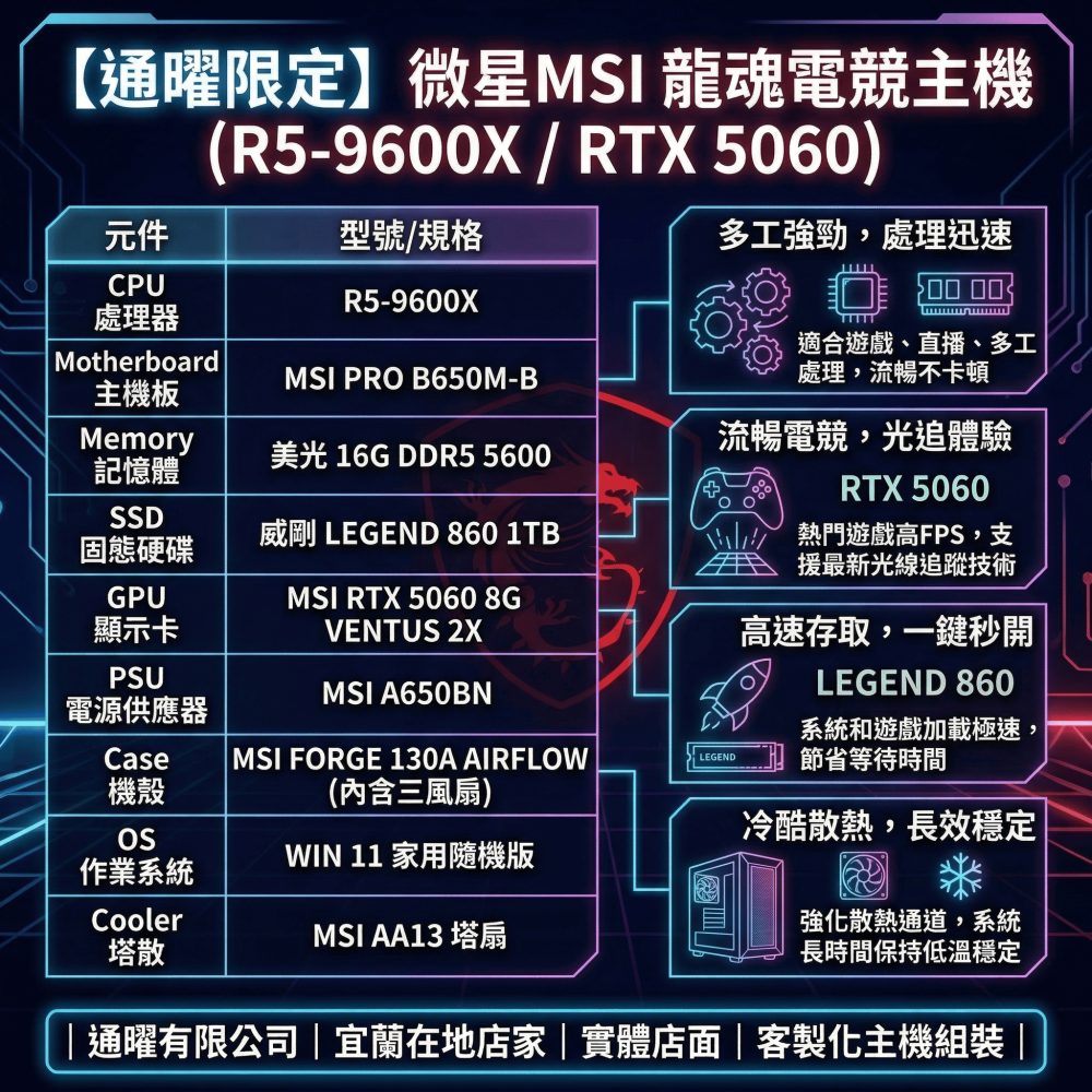 【微星MSI】3A遊戲暢玩電競桌機｜次世代R5-9600X+RTX5060獨顯/1TB｜電腦主機含保固-細節圖2