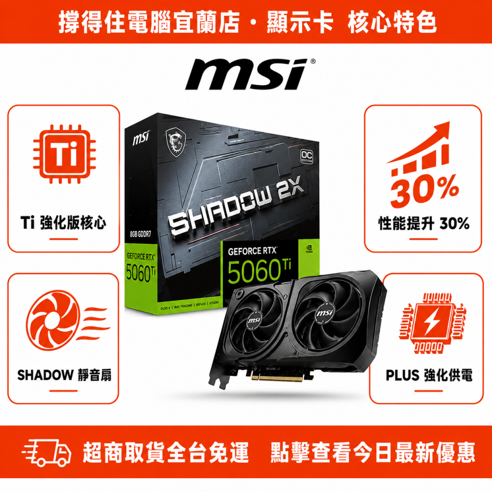 【MSI RTX 5060 Ti 8G SHADOW 2X OC P】Ti 強化版顯卡｜SHADOW PLUS｜保固-細節圖2
