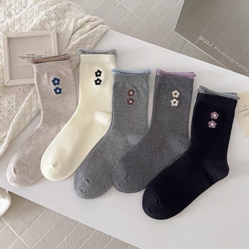 選品 雙層小花刺繡捲邊襪-細節圖2