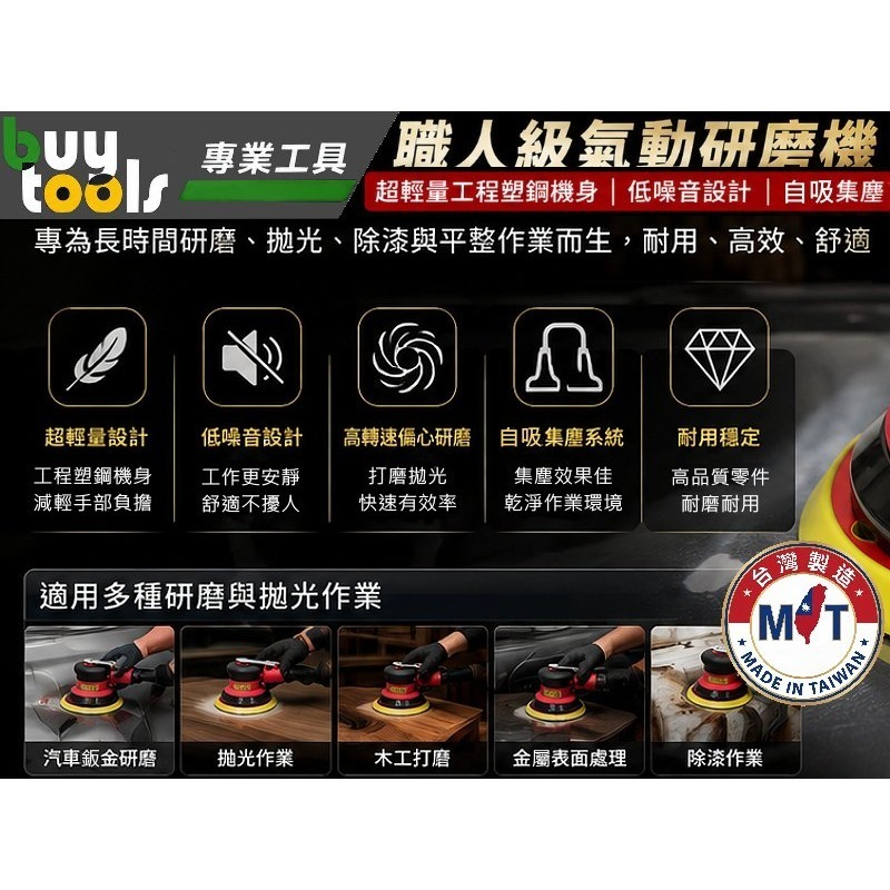 買工具-【台灣製造】職人級 6吋 靜音自吸集塵 氣動研磨機 磨土機 打磨機 砂光機,吸塵散打 附集塵管集塵棉袋「附發票」-細節圖3