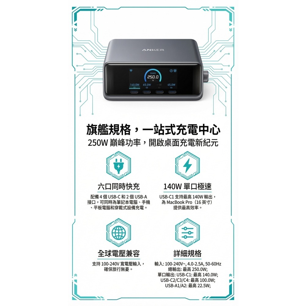 [玩3C]安克 Anker Prime 250W GaN 6孔桌面充電器 氮化鎵 4C2A 多設備同時充電-細節圖2