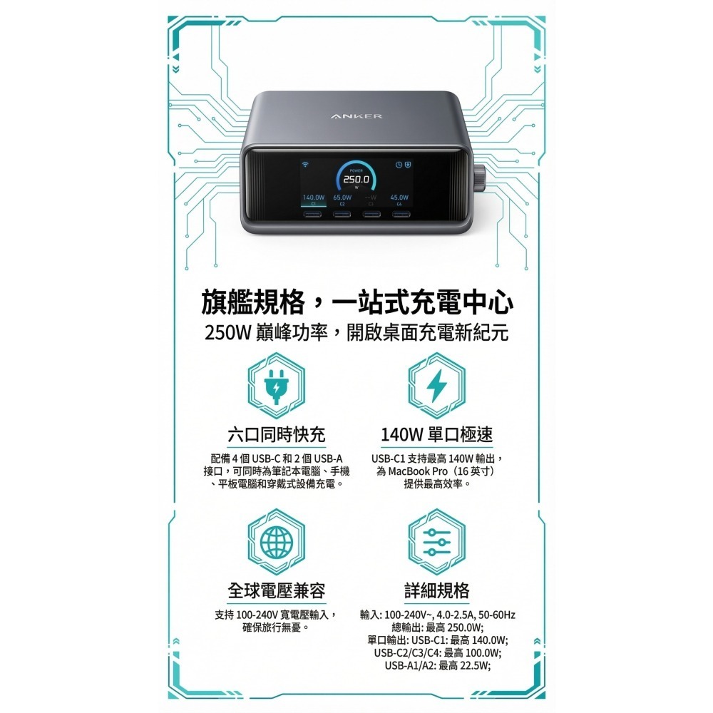 [玩3C]安克 Anker Prime 250W GaN 6孔桌面充電器 氮化鎵 4C2A 多設備同時充電-細節圖2