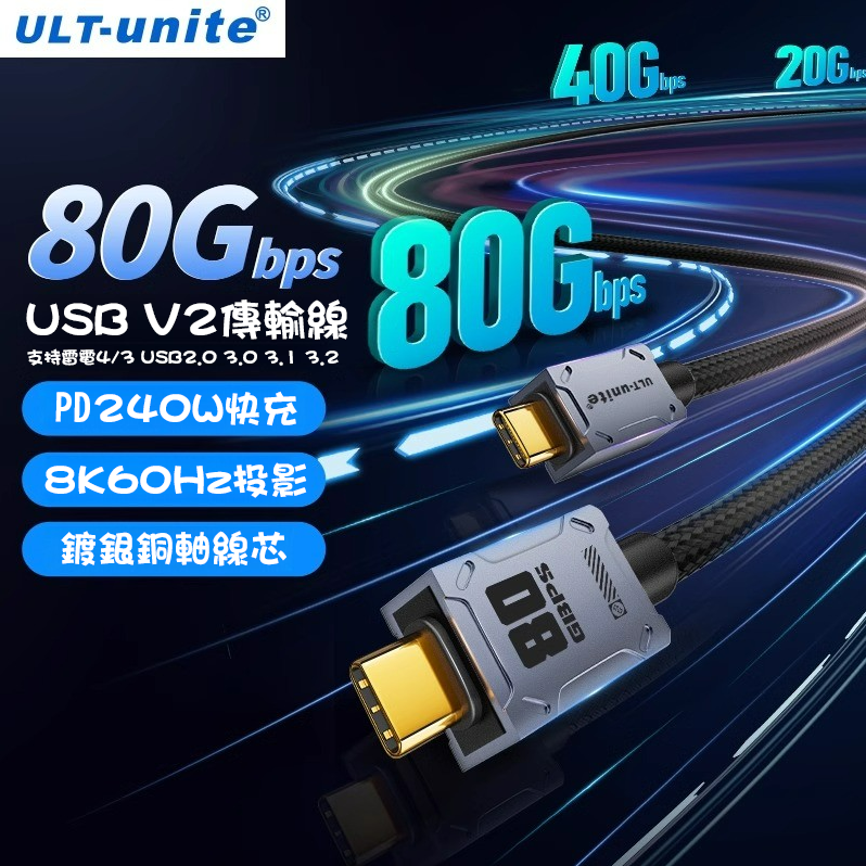 [玩3C] 優籟特 ULT USB4 V2 80Gbps快速傳輸 240W快充 8K@60Hz投影 PD快充 鋁合金編織-細節圖2