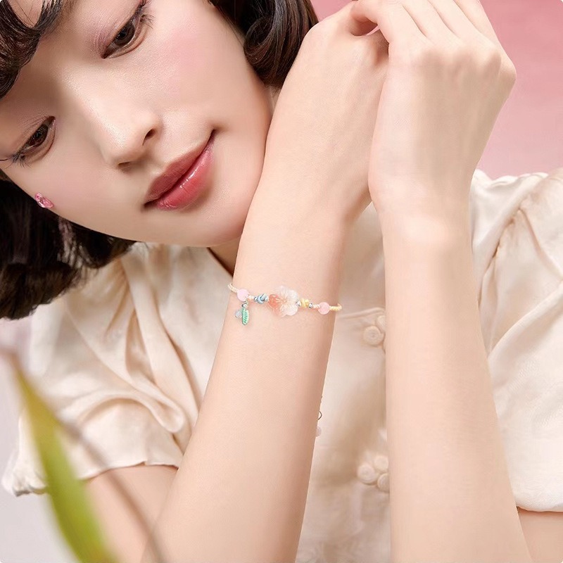 天然鹽源瑪瑙小桃花手工編織手繩多巴胺甜美中國風飾品手鍊女禮物(飾品批發)-細節圖2
