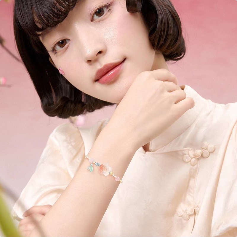 天然鹽源瑪瑙小桃花手工編織手繩多巴胺甜美中國風飾品手鍊女禮物(飾品批發)-細節圖3