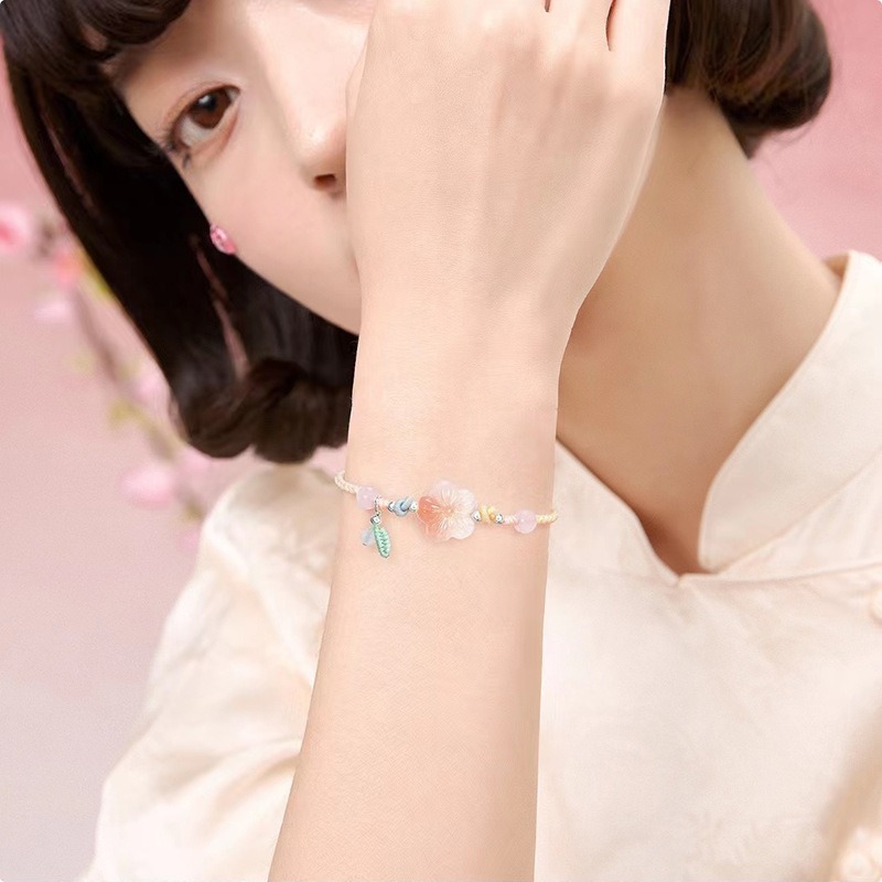 天然鹽源瑪瑙小桃花手工編織手繩多巴胺甜美中國風飾品手鍊女禮物(飾品批發)-細節圖4