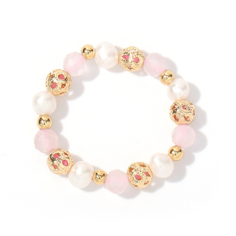 天然淡水珍珠戒指彈力草莓晶粉晶水晶戒指女小眾輕奢中國風手飾品(飾品批發)-細節圖2