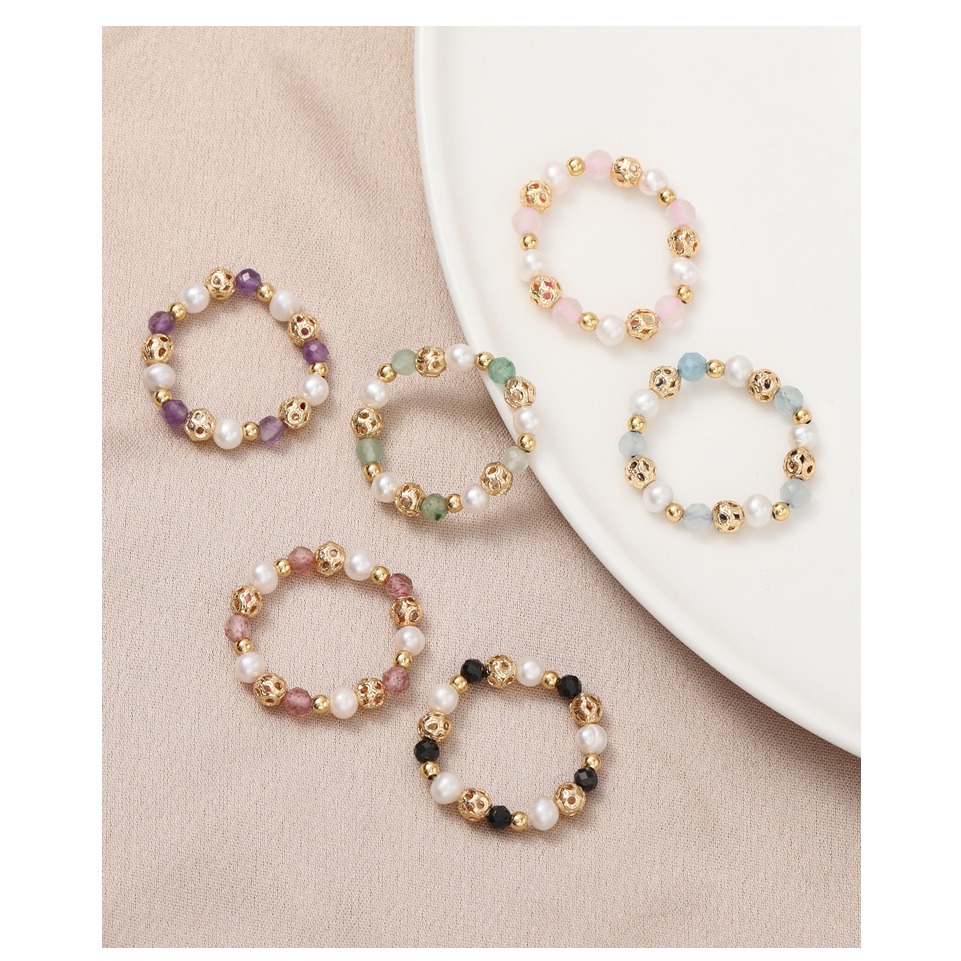 天然淡水珍珠戒指彈力草莓晶粉晶水晶戒指女小眾輕奢中國風手飾品(飾品批發)-細節圖3