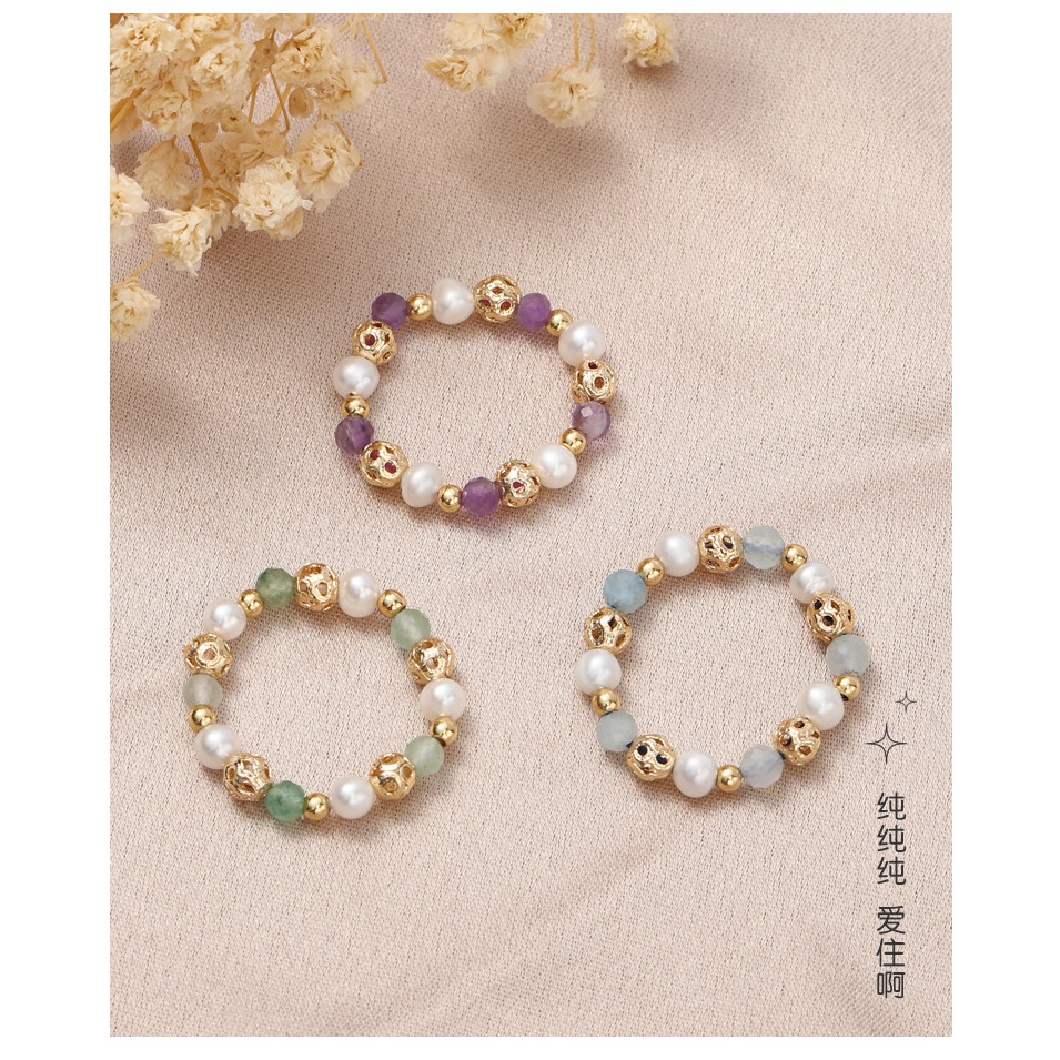 天然淡水珍珠戒指彈力草莓晶粉晶水晶戒指女小眾輕奢中國風手飾品(飾品批發)-細節圖4