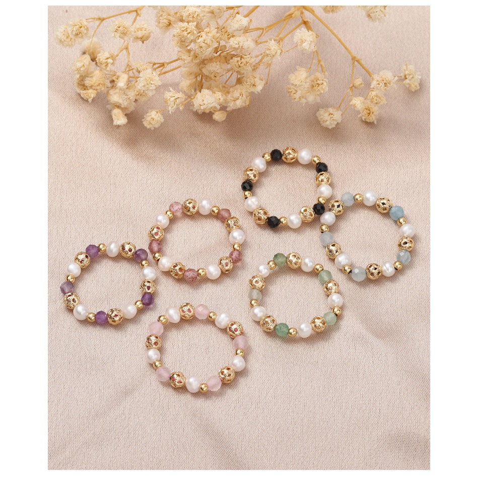 天然淡水珍珠戒指彈力草莓晶粉晶水晶戒指女小眾輕奢中國風手飾品(飾品批發)-細節圖6