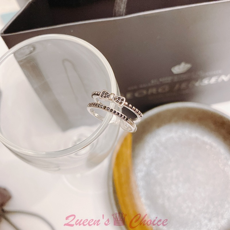 黑色小碎鑽蝴蝶結S925純銀戒指-細節圖2