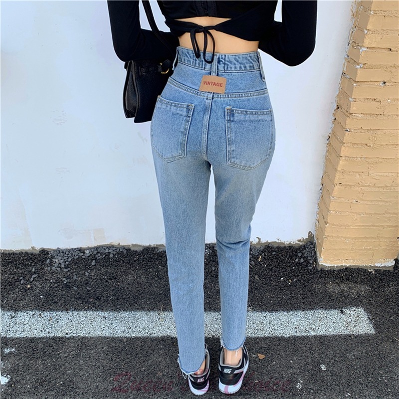 韓版高腰基礎百搭毛邊牛仔九分褲-細節圖2