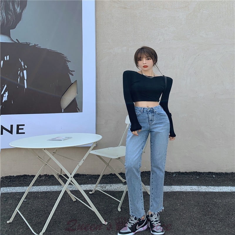 韓版高腰基礎百搭毛邊牛仔九分褲-細節圖3