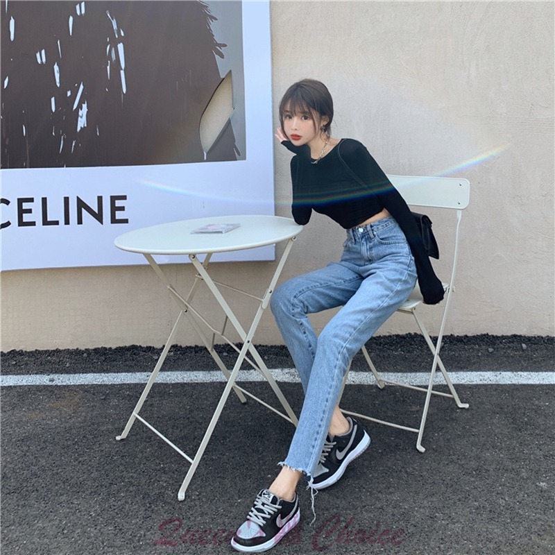 韓版高腰基礎百搭毛邊牛仔九分褲-細節圖4