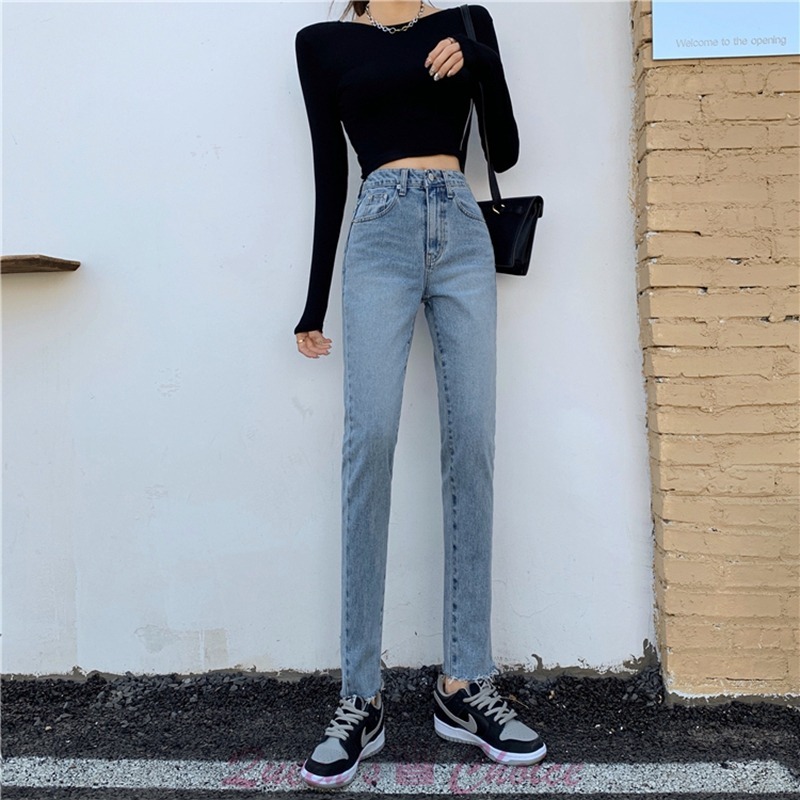 韓版高腰基礎百搭毛邊牛仔九分褲-細節圖5