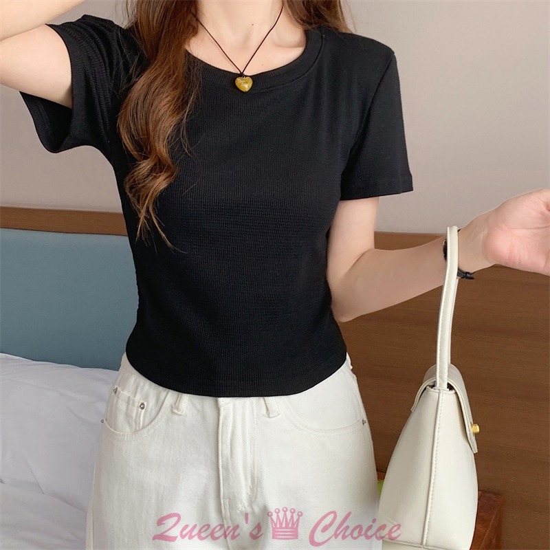 黑色後綁帶小心機設計短版素色T恤-細節圖2