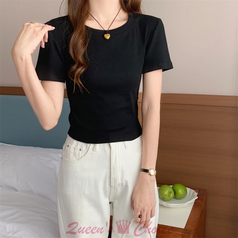 黑色後綁帶小心機設計短版素色T恤-細節圖3