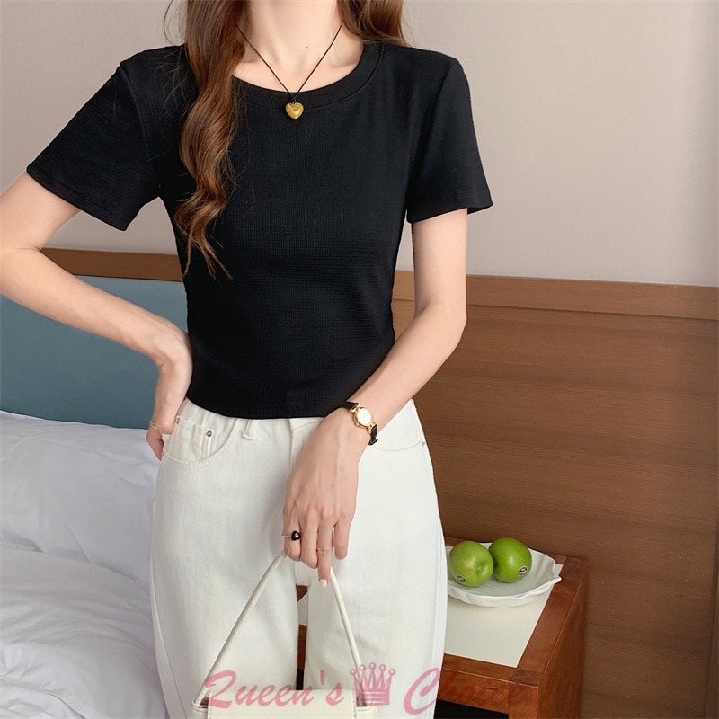 黑色後綁帶小心機設計短版素色T恤-細節圖5