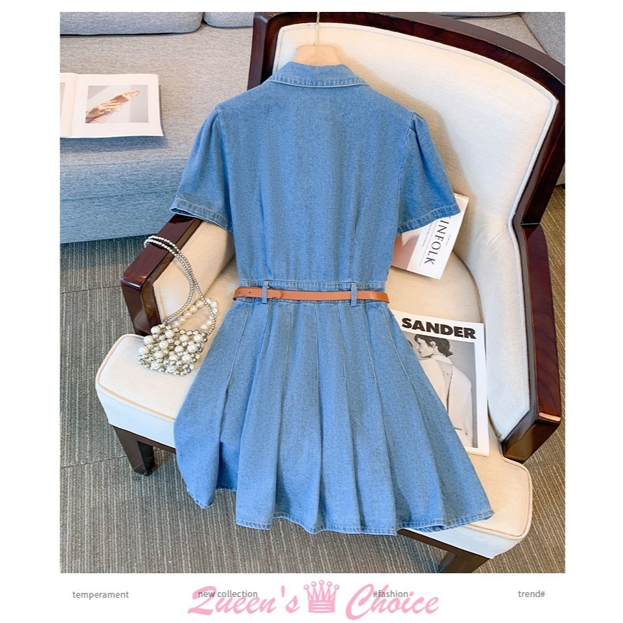 氣質款修身高腰POLO領百褶牛仔連身裙-細節圖2