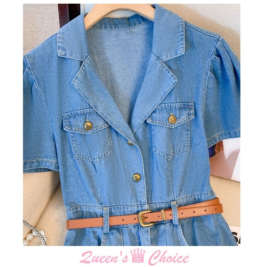 氣質款修身高腰POLO領百褶牛仔連身裙-細節圖3