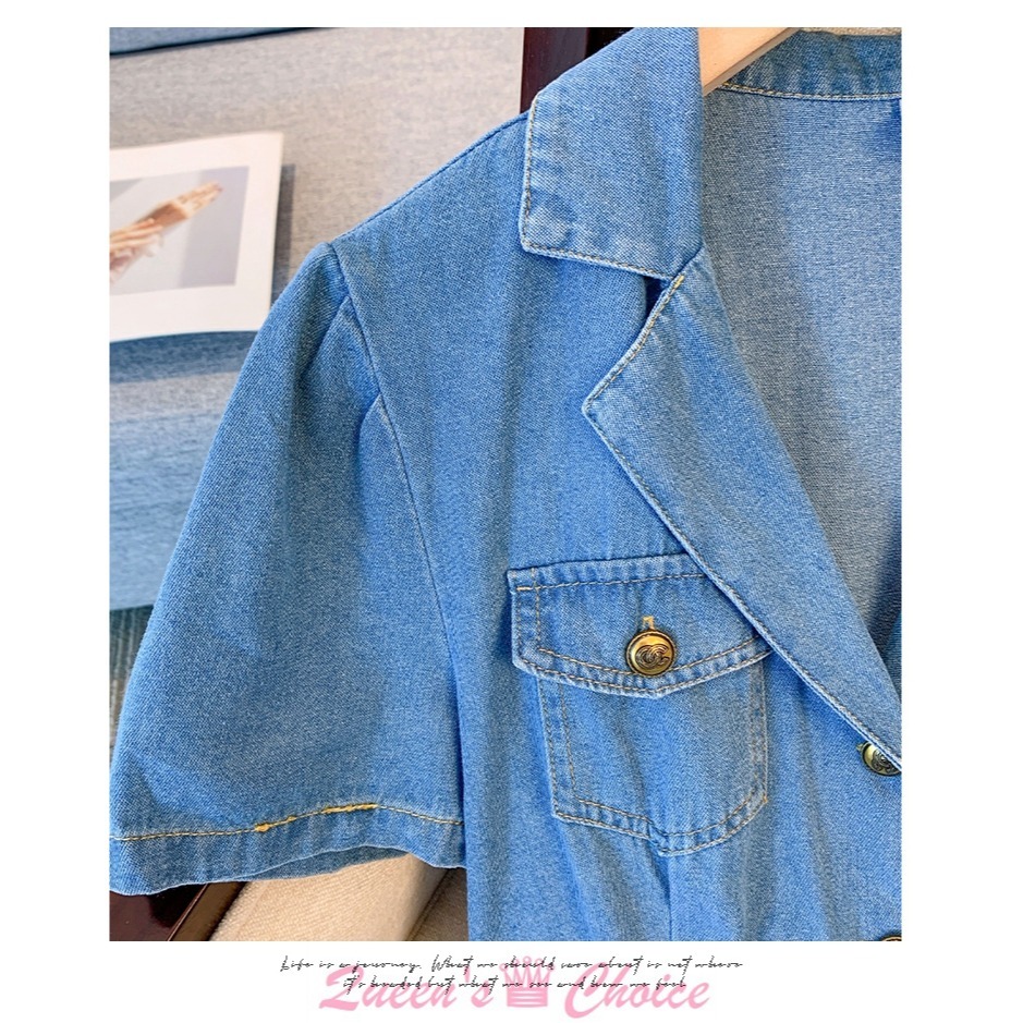 氣質款修身高腰POLO領百褶牛仔連身裙-細節圖4