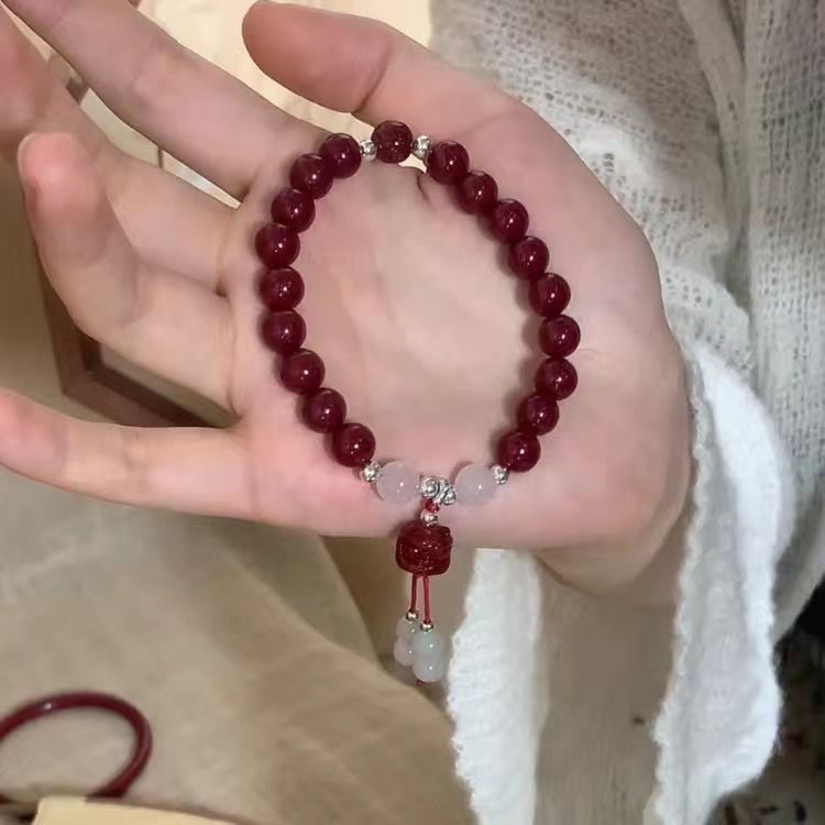 結緣品復古風醒獅串珠手鍊本命年小眾精緻高級感朱紅叮噹手鐲飾品畢業季-細節圖2