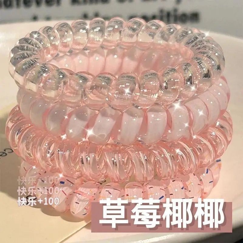 透明袋-簡裝-4條裝-果凍色電話線髮圈高彈性耐用簡約扎頭繩女時尚高馬尾發繩皮筋頭飾-細節圖2