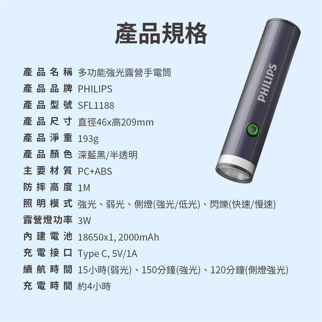 【PHILIPS】飛利浦 手電筒 SFL1183 1188 手電筒 充電手電筒 露營燈 露營手電筒 防災-規格圖6