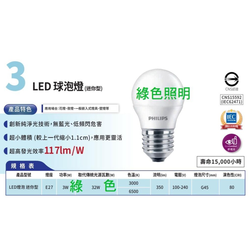 綠色照明 ☆ PHILIPS ☆ LED球泡燈 3W E27 G45 350lm 無藍光低閃頻混光不偏色-細節圖2