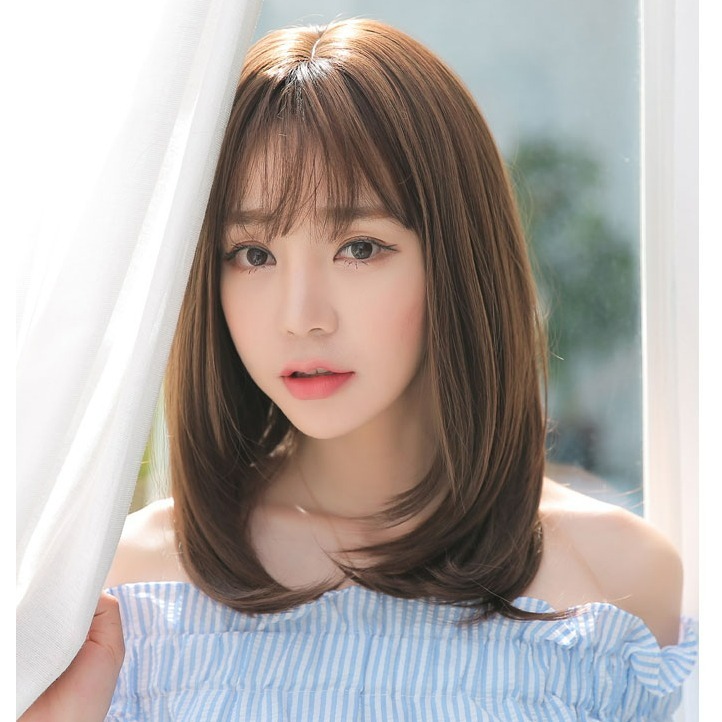 整頂假髮 假髮 空氣瀏海 高溫絲 鎖骨髮-中長髮型 直髮 cosplay 髮套 逼真【黑二髮品】OTAA-細節圖4