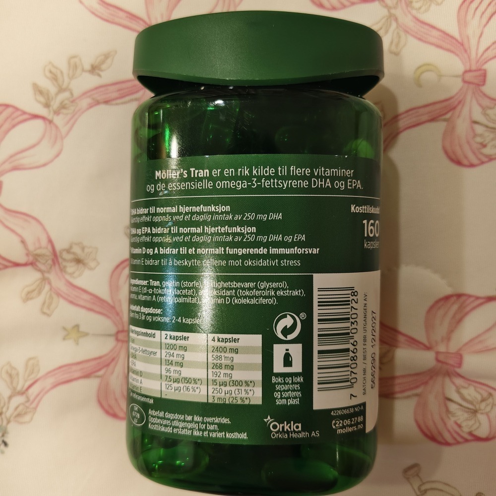 挪威 Mollers 睦樂 魚油膠囊 160顆 EPA和DHA 傳統 鱈魚肝油（晚餐中間 食用吸收好) 2027/12-細節圖4