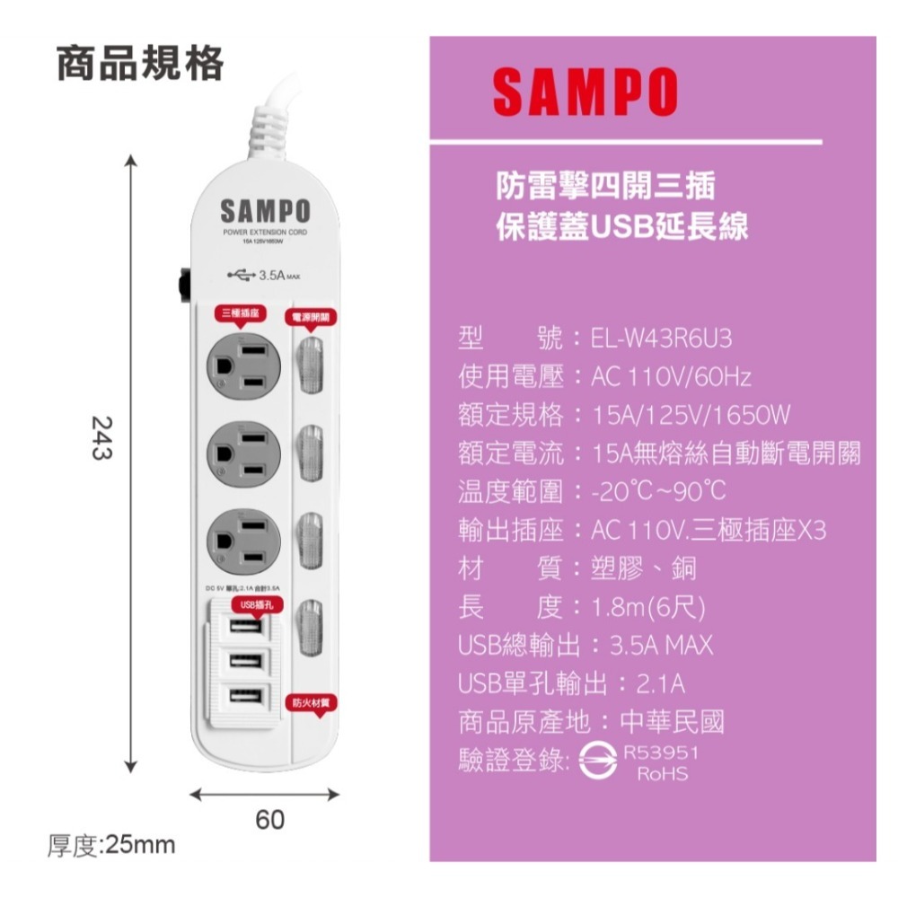 🌟台灣製造🌟SAMPO 聲寶 防雷擊6尺四開三插保護蓋USB延長線- EL-W43R6U3🌟全新現貨一件🌟-細節圖4