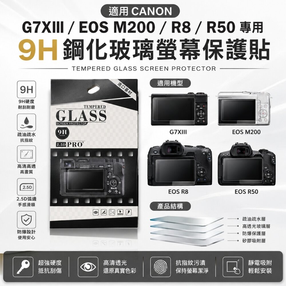 ✨佳能📷 CANON G7XIII / EOS M200 / R8 / R50 專用 9H鋼化貼 買2送1/第2件8折-細節圖2