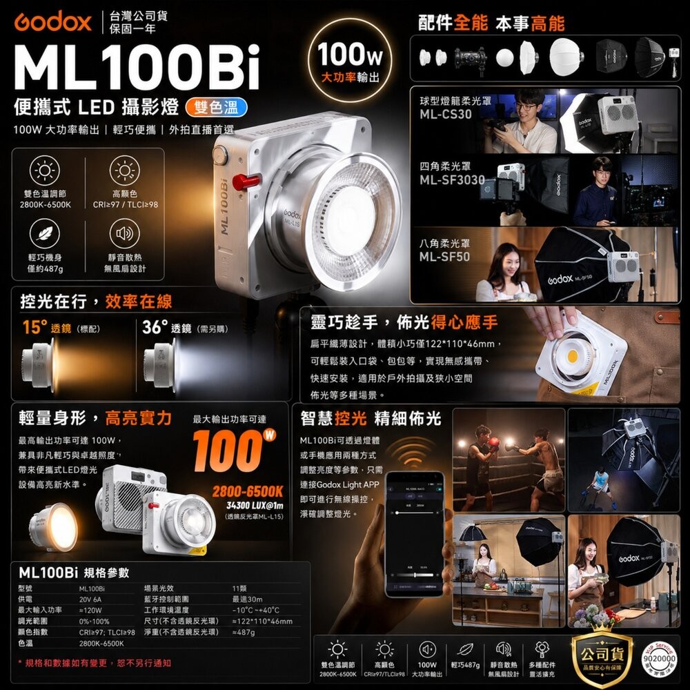 ✨神牛📷 Godox ML100Bi 便攜式LED攝影燈(雙色溫) 100W 輕巧外拍直播 公司貨 現貨✨-細節圖4