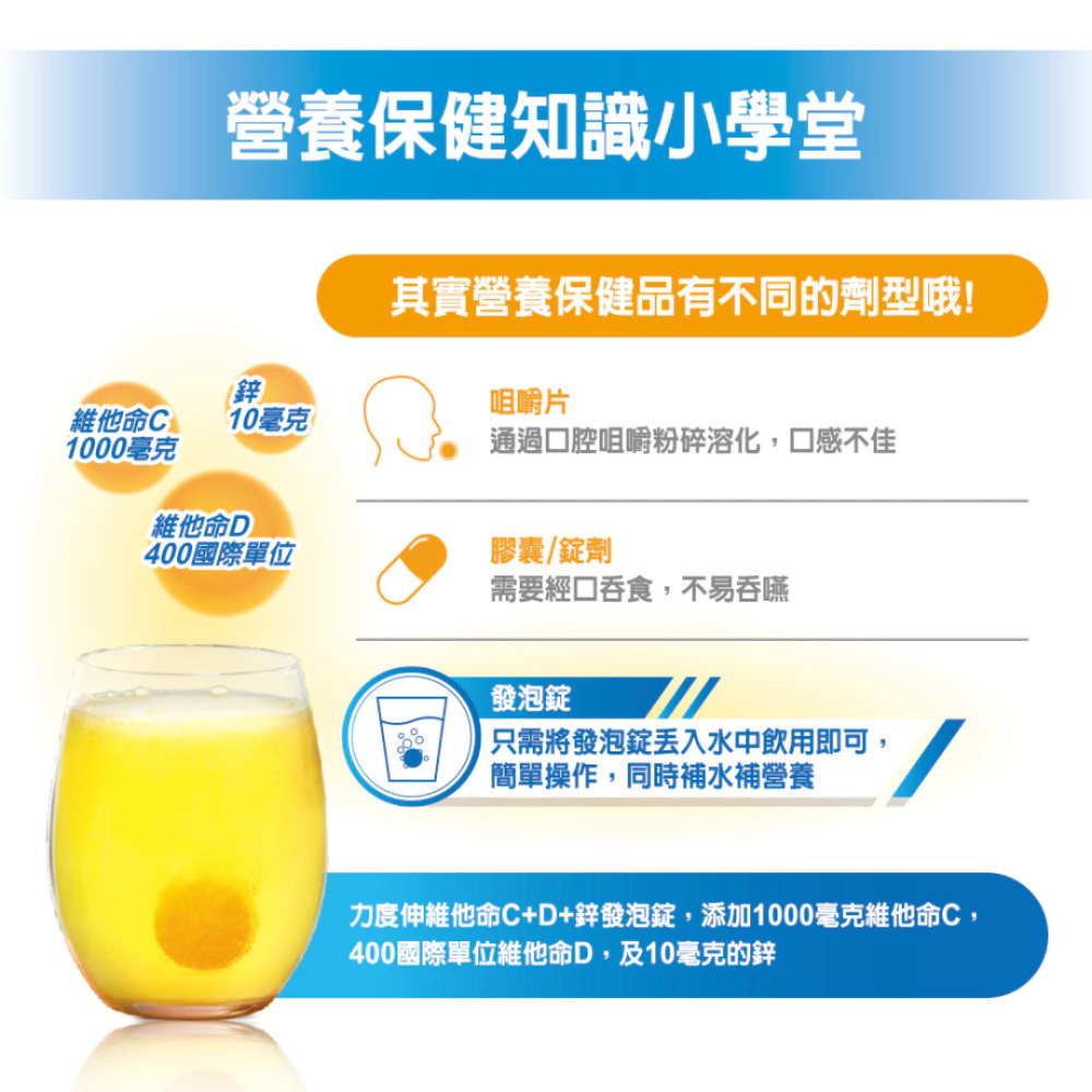 力度伸® 維他命 C+D+ 鋅 發泡錠 柳橙口味(15錠裝)-細節圖2