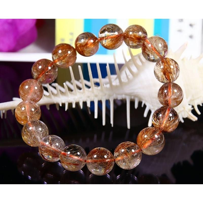 天然冰種、清透、近玻璃體金紅色滿絲紅銅鈦晶手鍊手珠，清澈透光，直徑12~13mm，重46克-湧翠坊天然水晶-細節圖3