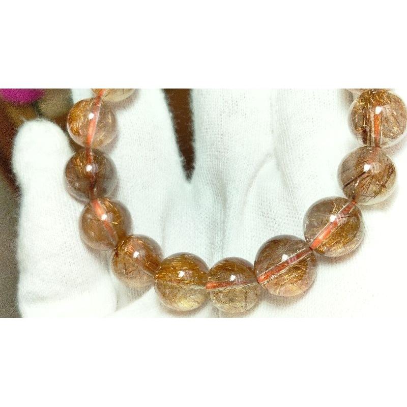 天然冰種、清透、近玻璃體金紅色滿絲紅銅鈦晶手鍊手珠，清澈透光，直徑12~13mm，重46克-湧翠坊天然水晶-細節圖7