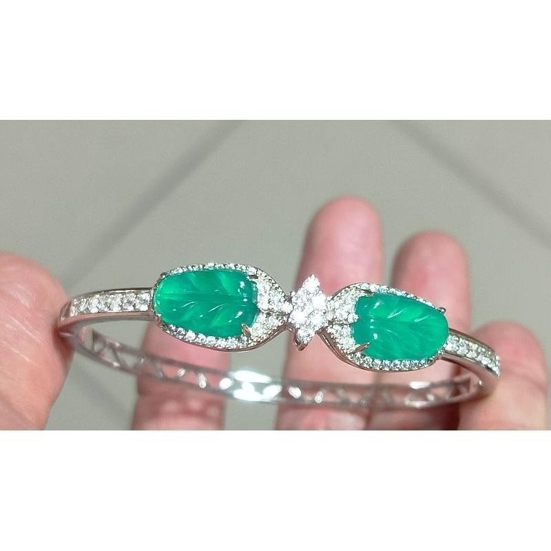 925銀鑲冰玻泛光膠感雙葉子（玉葉）藍水翡翠手鐲-內徑約52mm__A004019-湧翠坊天然老坑A貨緬甸翡翠-附證書-細節圖2