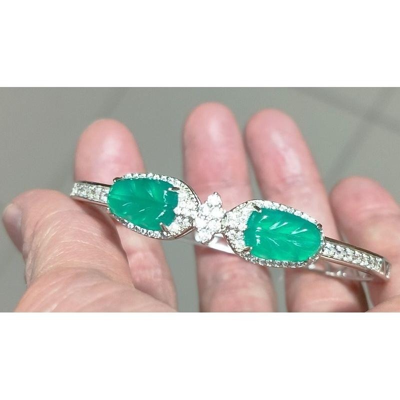 925銀鑲冰玻泛光膠感雙葉子（玉葉）藍水翡翠手鐲-內徑約52mm__A004019-湧翠坊天然老坑A貨緬甸翡翠-附證書-細節圖3