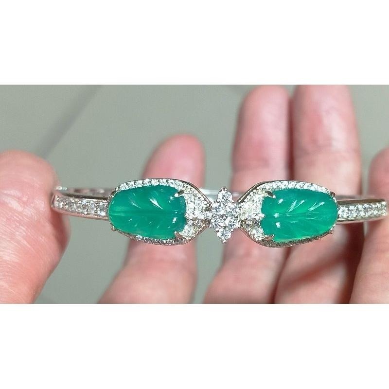 925銀鑲冰玻泛光膠感雙葉子（玉葉）藍水翡翠手鐲-內徑約52mm__A004019-湧翠坊天然老坑A貨緬甸翡翠-附證書-細節圖4