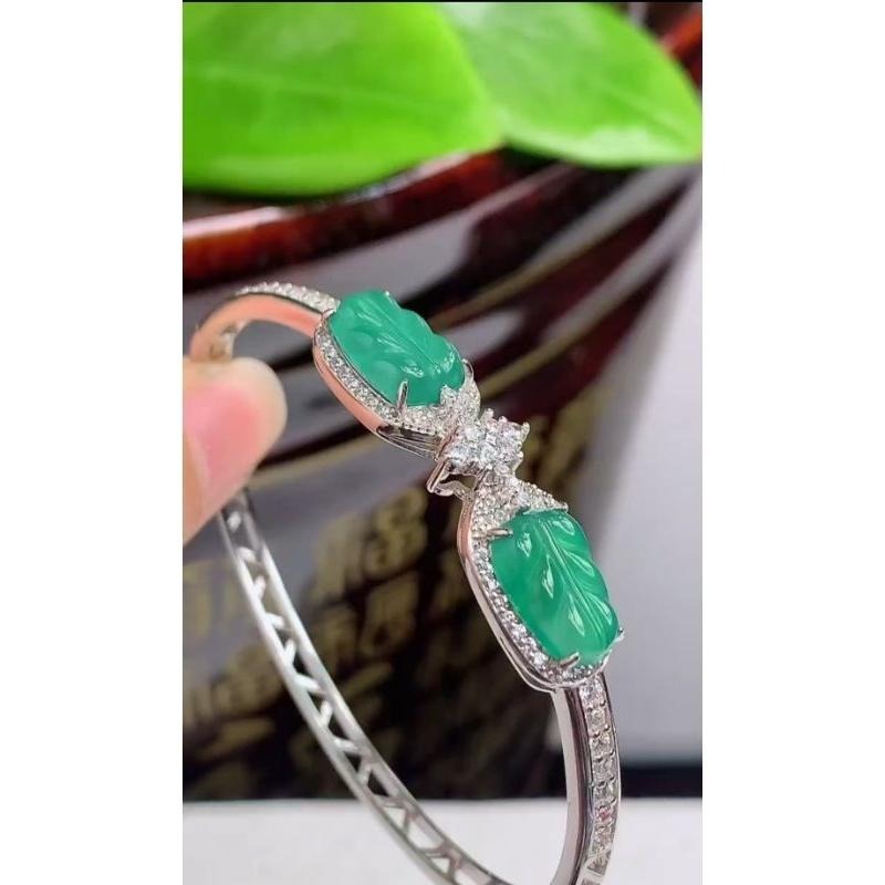 925銀鑲冰玻泛光膠感雙葉子（玉葉）藍水翡翠手鐲-內徑約52mm__A004019-湧翠坊天然老坑A貨緬甸翡翠-附證書-細節圖5