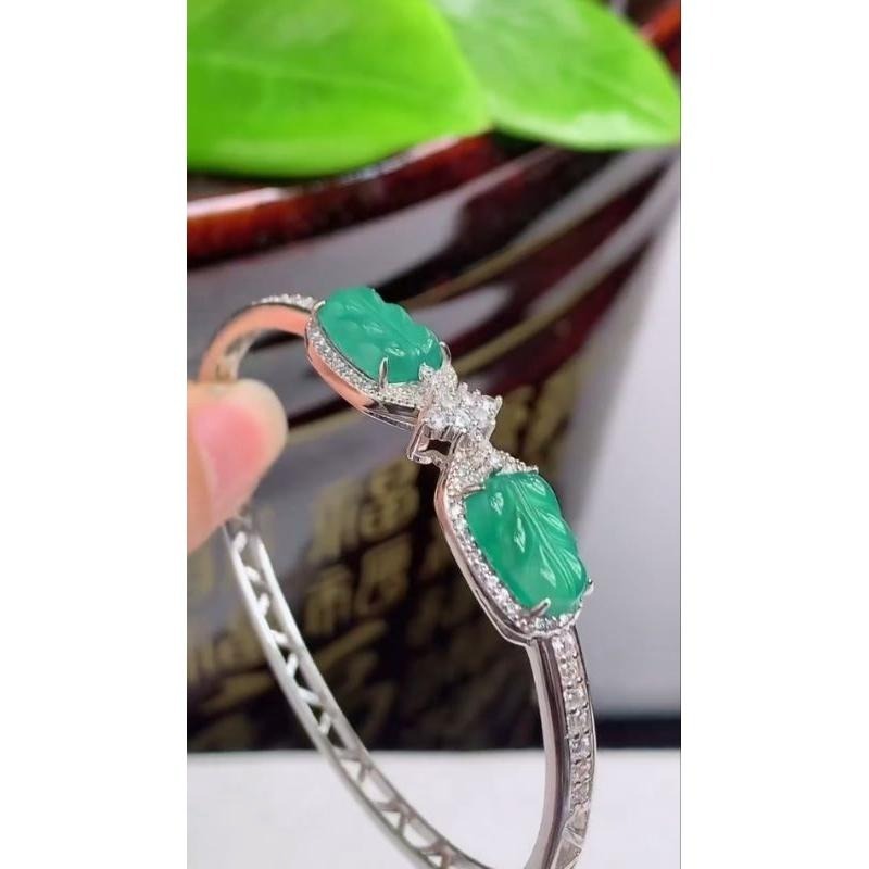 925銀鑲冰玻泛光膠感雙葉子（玉葉）藍水翡翠手鐲-內徑約52mm__A004019-湧翠坊天然老坑A貨緬甸翡翠-附證書-細節圖6