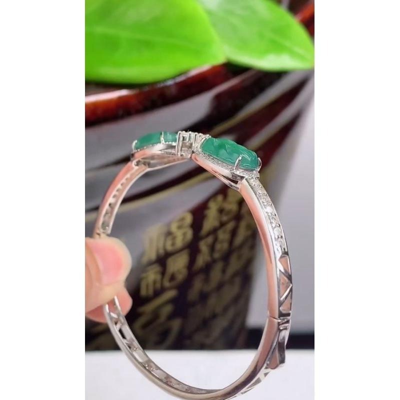 925銀鑲冰玻泛光膠感雙葉子（玉葉）藍水翡翠手鐲-內徑約52mm__A004019-湧翠坊天然老坑A貨緬甸翡翠-附證書-細節圖7