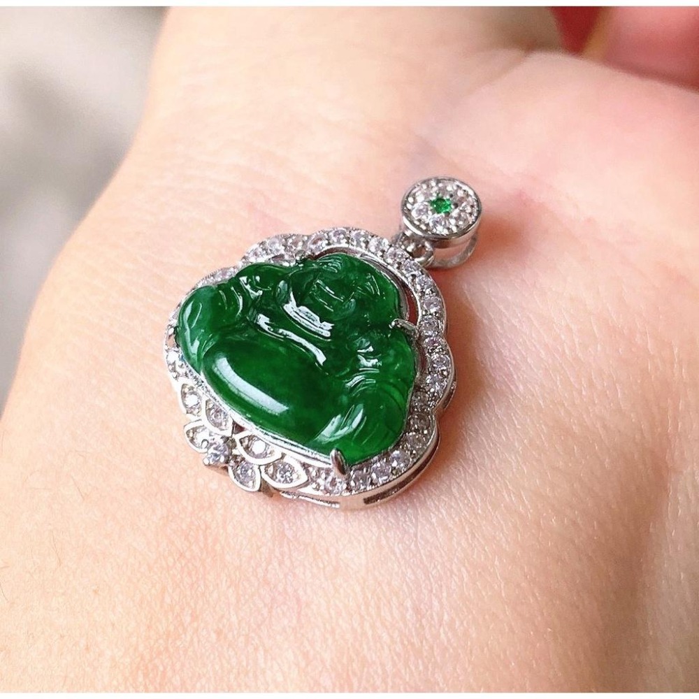 湧翠坊天然老坑A貨緬甸翡翠 吊墜 -附證書-冰種起光滿色 正綠 帝王綠 彌勒佛 翡翠 項鍊 玉墜 吊墜 -V013016-細節圖3