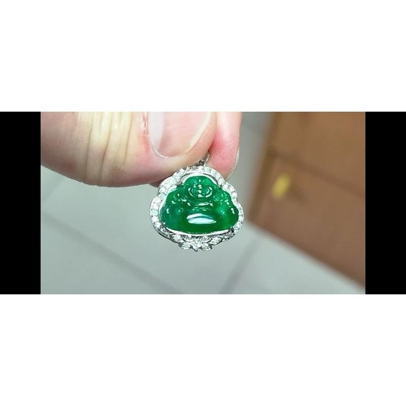 湧翠坊天然老坑A貨緬甸翡翠 吊墜 -附證書-冰種起光滿色 正綠 帝王綠 彌勒佛 翡翠 項鍊 玉墜 吊墜 -V013016-細節圖7