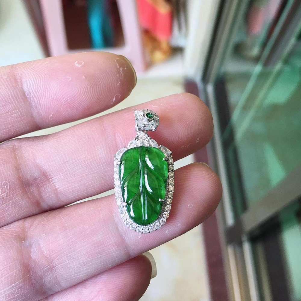 冰種起光滿綠正綠帝王綠葉子金枝玉葉翡翠項鍊玉墜吊墜，無色差-V013017-湧翠坊A貨天然老坑緬甸翡翠-附證書-細節圖5
