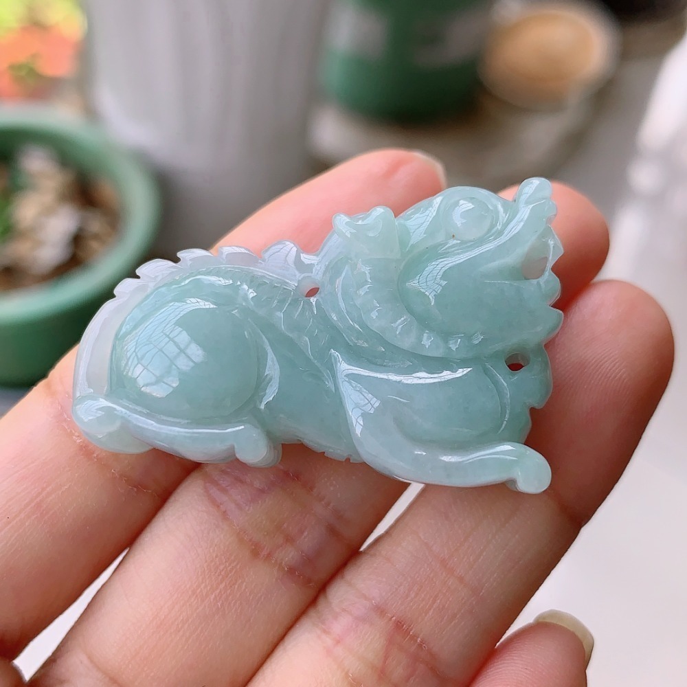 精雕 淺藍色 藍綠色 淺藍紫色 貔貅 翡翠 項鍊 玉墜 吊墜 鑰匙圈-V004017湧翠坊天然老坑A貨緬甸翡翠-附證書-細節圖2