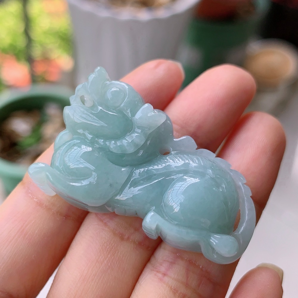 精雕 淺藍色 藍綠色 淺藍紫色 貔貅 翡翠 項鍊 玉墜 吊墜 鑰匙圈-V004017湧翠坊天然老坑A貨緬甸翡翠-附證書-細節圖4